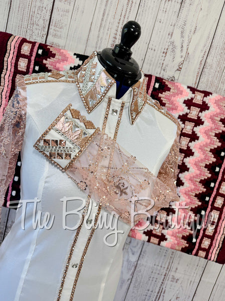White & Rose Gold Day Shirt Set With Beaded Lace Sleeves (Large)