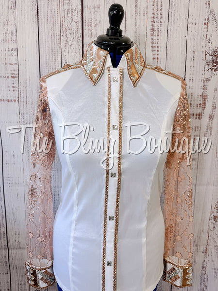 White & Rose Gold Day Shirt Set With Beaded Lace Sleeves (Large)