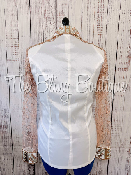 White & Rose Gold Day Shirt Set With Beaded Lace Sleeves (Large)