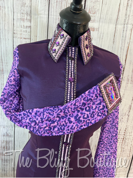 Purple & Lavender Day Shirt Set With Sheer Leopard Sleeves (XS)