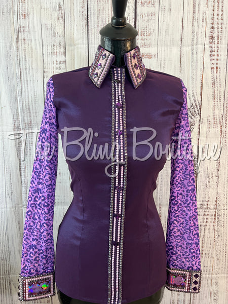 Purple & Lavender Day Shirt Set With Sheer Leopard Sleeves (XS)