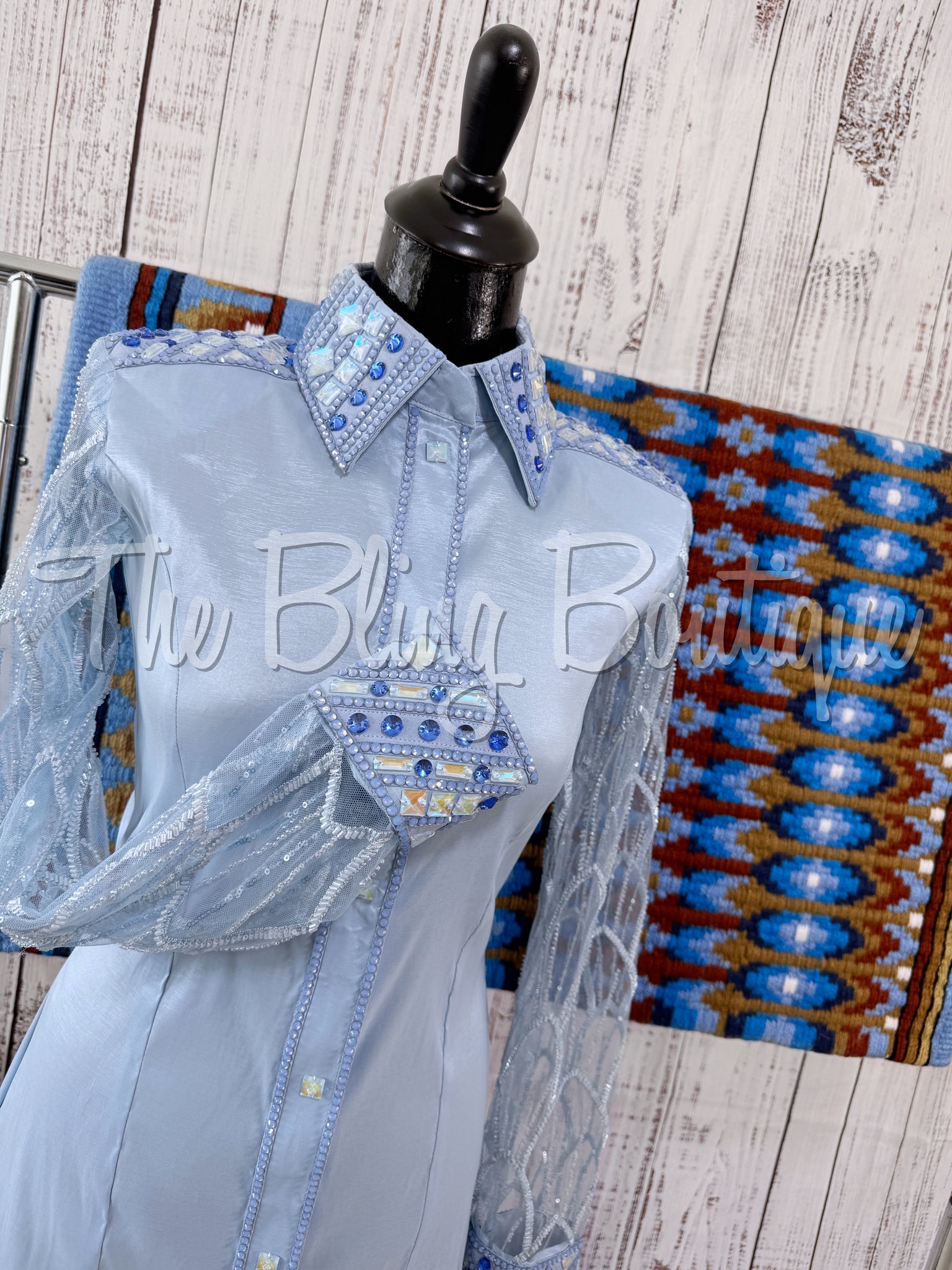 Powder Blue Day Shirt Set With Beaded Lace Sleeves (M)