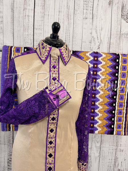 Tan, Purple & Gold Day Shirt Set With Lace Sleeves (L)