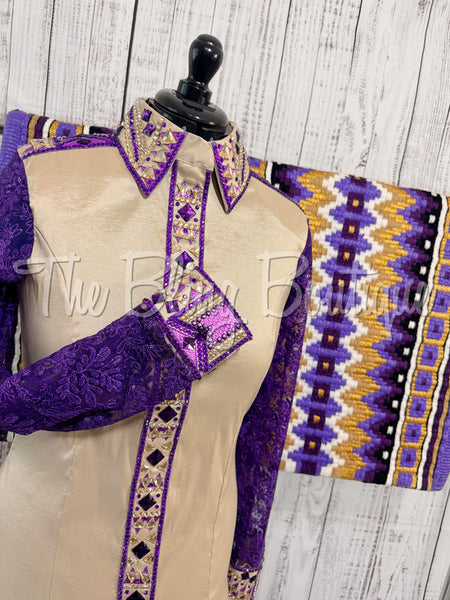 Tan, Purple & Gold Day Shirt Set With Lace Sleeves (L)