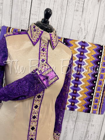 Tan, Purple & Gold Day Shirt Set With Lace Sleeves (L)