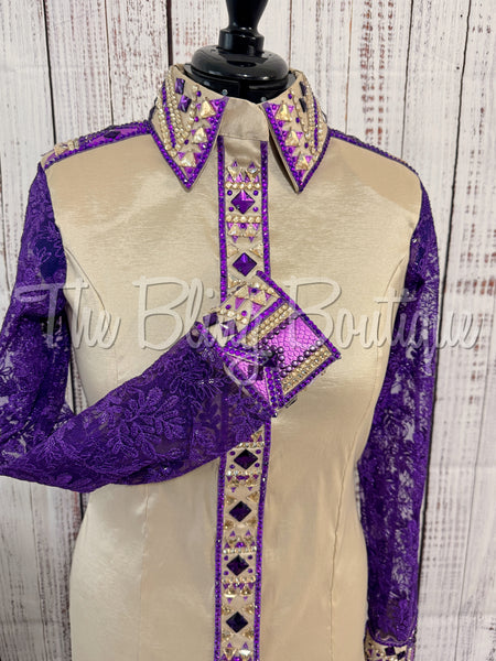 Tan, Purple & Gold Day Shirt Set With Lace Sleeves (L)
