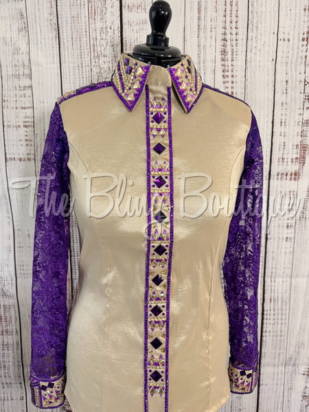 Tan, Purple & Gold Day Shirt Set With Lace Sleeves (L)