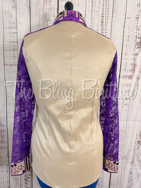 Tan, Purple & Gold Day Shirt Set With Lace Sleeves (L)