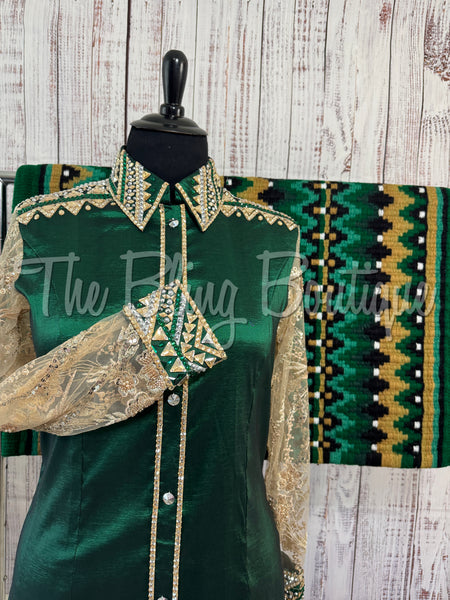 Hunter Green & Tan Day Shirt Set With Sheer Sleeves (3XL)