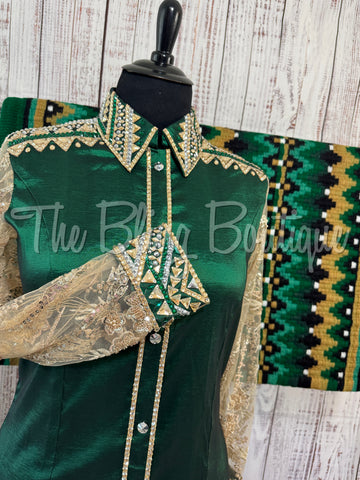 Hunter Green & Tan Day Shirt Set With Sheer Sleeves (3XL)
