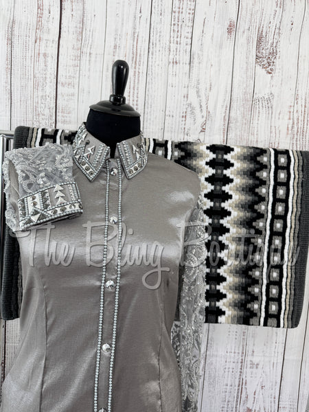 Grey Day Shirt Set With Beaded Lace Sleeves (3XL)