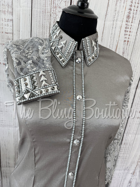 Grey Day Shirt Set With Beaded Lace Sleeves (3XL)