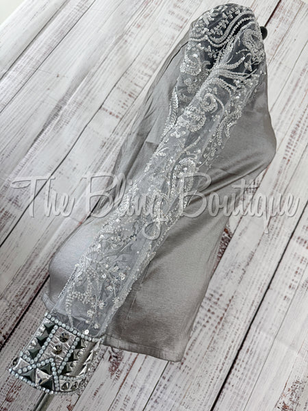Grey Day Shirt Set With Beaded Lace Sleeves (3XL)