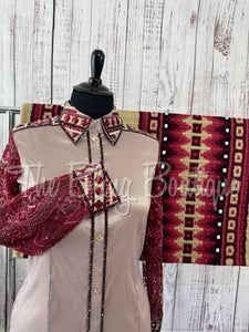 Tan, Burgundy & Red Day Shirt Set With Lace Sleeves (2XL)