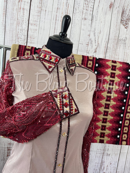 Tan, Burgundy & Red Day Shirt Set With Lace Sleeves (2XL)
