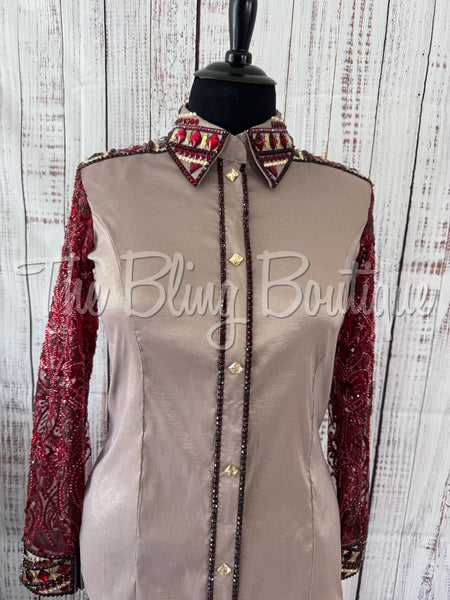Tan, Burgundy & Red Day Shirt Set With Lace Sleeves (2XL)