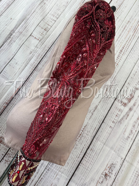 Tan, Burgundy & Red Day Shirt Set With Lace Sleeves (2XL)