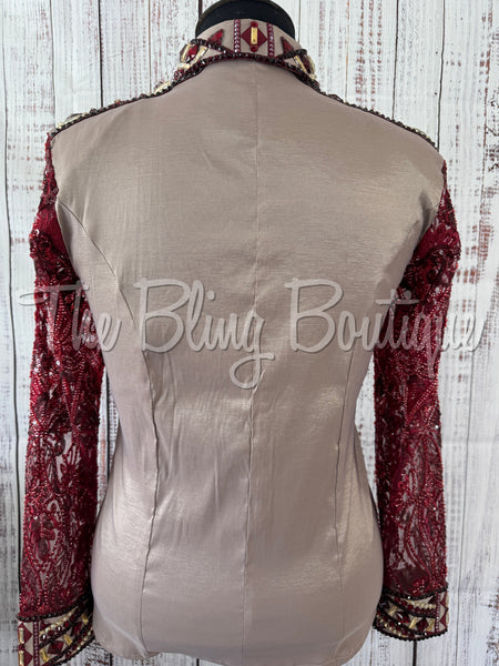 Tan, Burgundy & Red Day Shirt Set With Lace Sleeves (2XL)