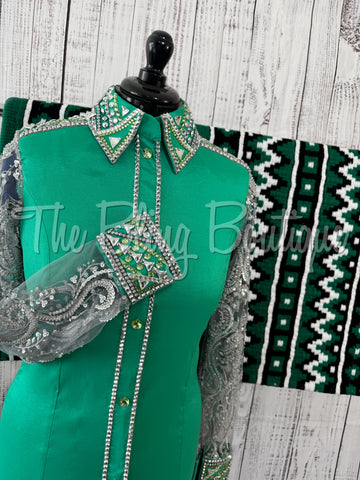 Kelly Green Day Shirt Set With Beaded Lace Sleeves (M)
