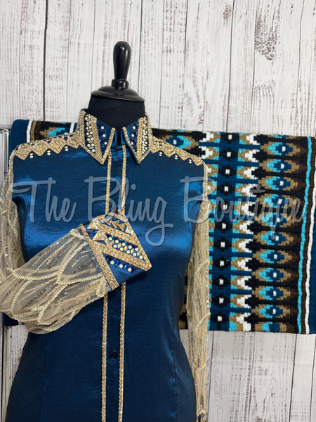 Ocean Blue & Tan Day Shirt Set With Lace Sleeves (2XL)