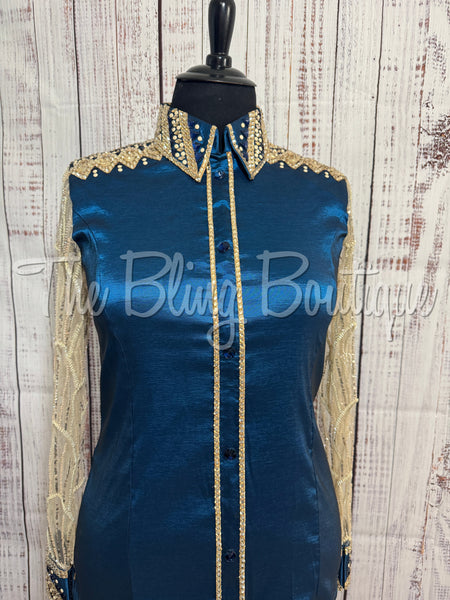 Ocean Blue & Tan Day Shirt Set With Lace Sleeves (2XL)