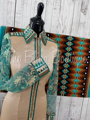 Tan & Teal Day Shirt Set With Lace Sleeves (S)