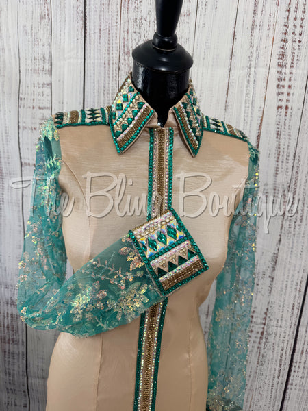 Tan & Teal Day Shirt Set With Lace Sleeves (S)