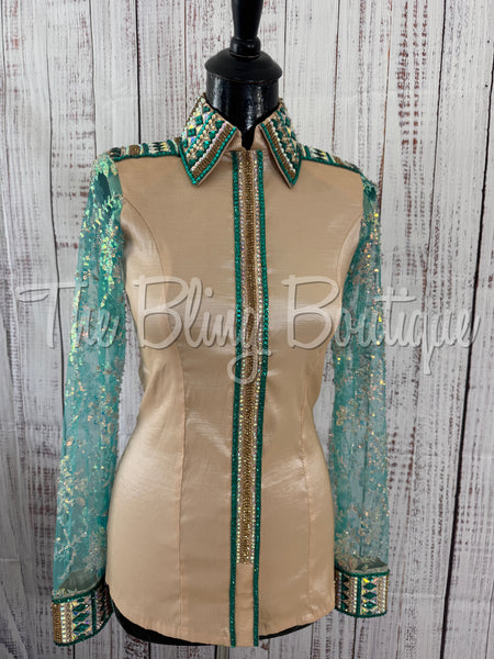 Tan & Teal Day Shirt Set With Lace Sleeves (S)