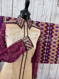 Tan, Berry & Plum Day Shirt Set With Lace Sleeves (M)
