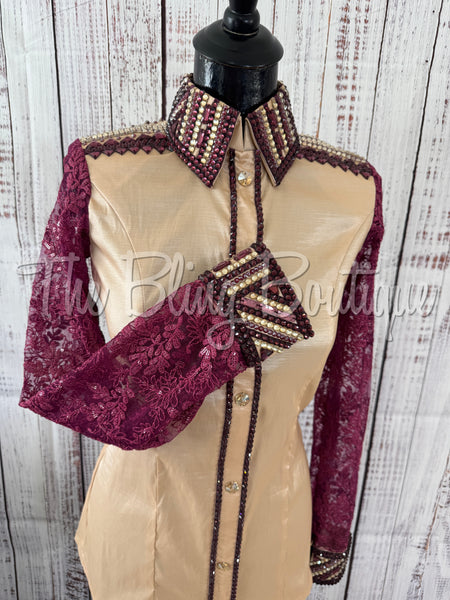 Tan, Berry & Plum Day Shirt Set With Lace Sleeves (M)