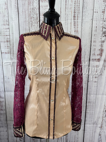 Tan, Berry & Plum Day Shirt Set With Lace Sleeves (M)