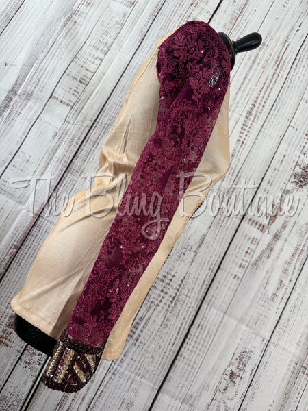 Tan, Berry & Plum Day Shirt Set With Lace Sleeves (M)