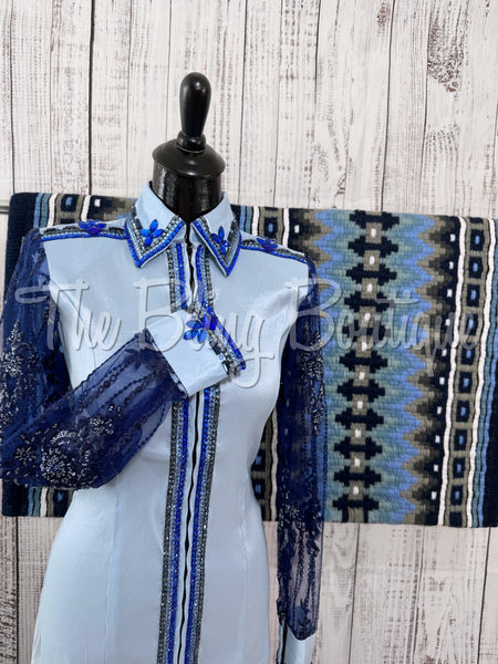 Powder Blue & Navy Blue Day Shirt Set With Beaded Lace Sleeves (S)