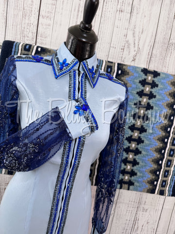 Powder Blue & Navy Blue Day Shirt Set With Beaded Lace Sleeves (S)