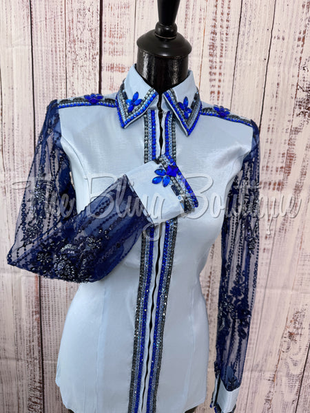 Powder Blue & Navy Blue Day Shirt Set With Beaded Lace Sleeves (S)