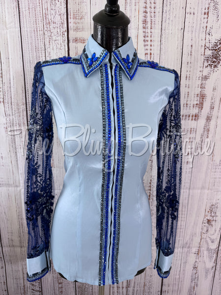 Powder Blue & Navy Blue Day Shirt Set With Beaded Lace Sleeves (S)