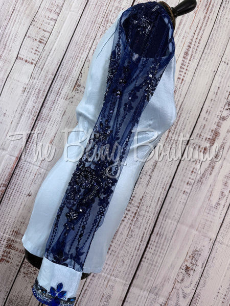 Powder Blue & Navy Blue Day Shirt Set With Beaded Lace Sleeves (S)
