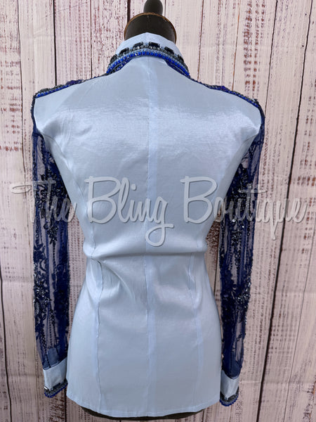 Powder Blue & Navy Blue Day Shirt Set With Beaded Lace Sleeves (S)