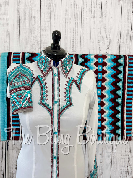 White, Burgundy & Turquoise Day Shirt Set (Medium)