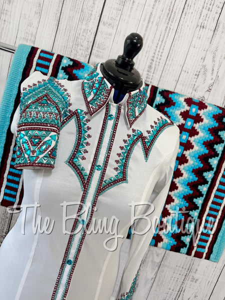 White, Burgundy & Turquoise Day Shirt Set (Medium)