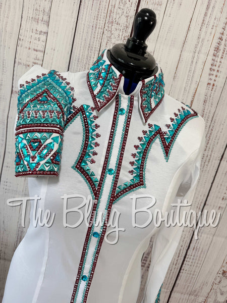 White, Burgundy & Turquoise Day Shirt Set (Medium)