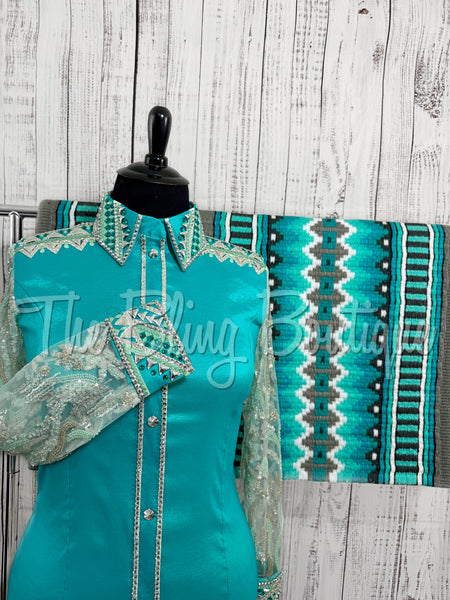 Teal & Grey Day Shirt Set With Beaded Lace Sleeves (XL)
