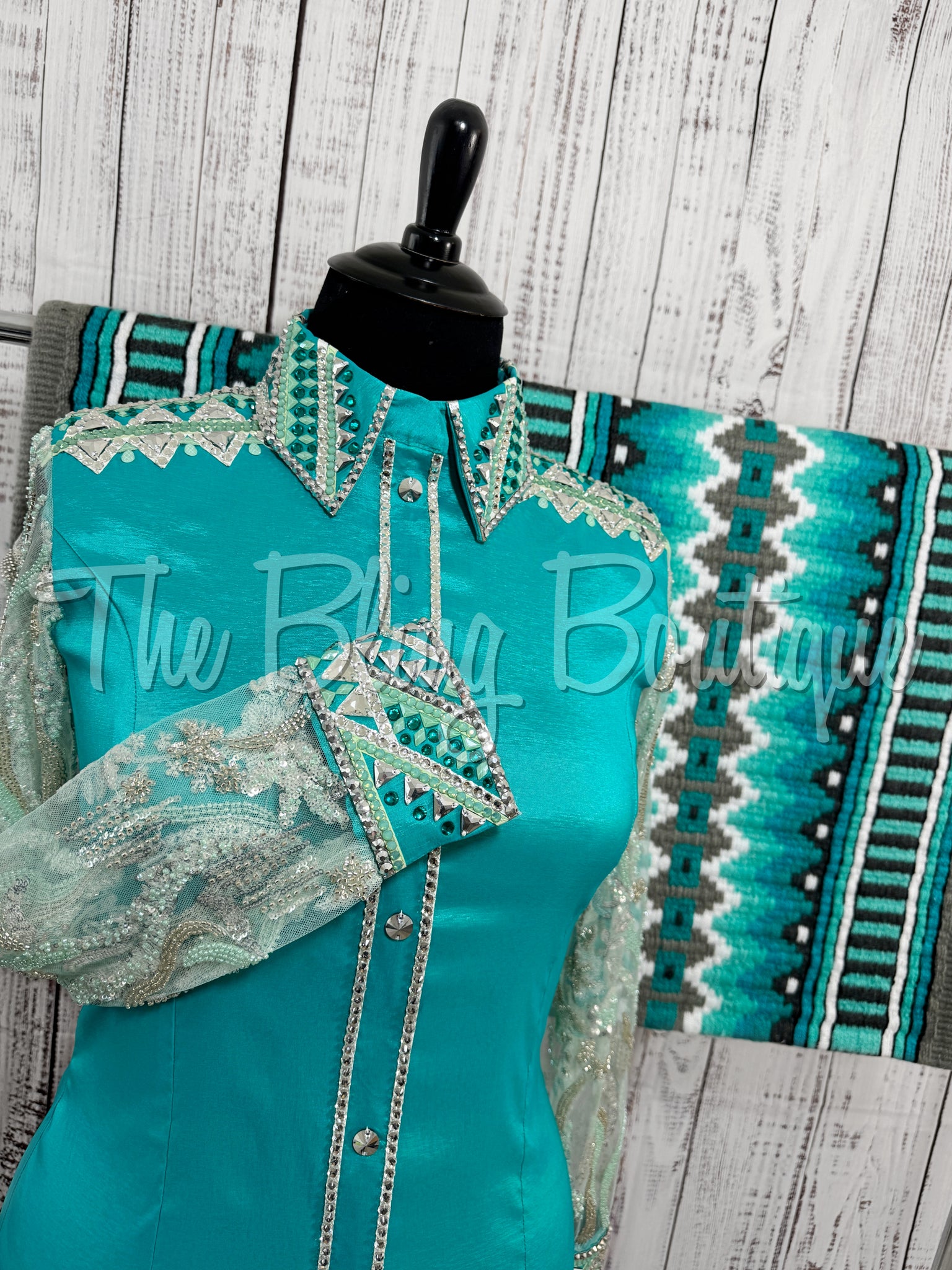 Teal & Grey Day Shirt Set With Beaded Lace Sleeves (XL)