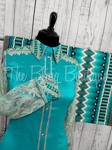 Teal & Grey Day Shirt Set With Beaded Lace Sleeves (XL)