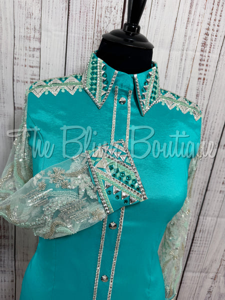 Teal & Grey Day Shirt Set With Beaded Lace Sleeves (XL)