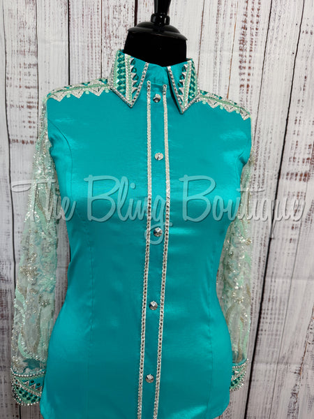 Teal & Grey Day Shirt Set With Beaded Lace Sleeves (XL)