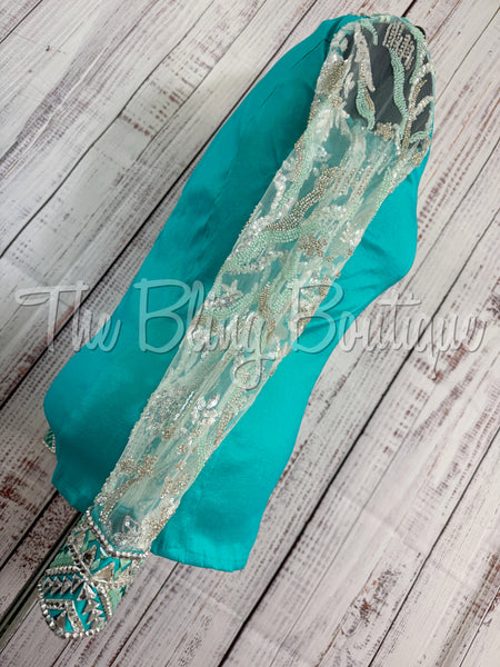 Teal & Grey Day Shirt Set With Beaded Lace Sleeves (XL)