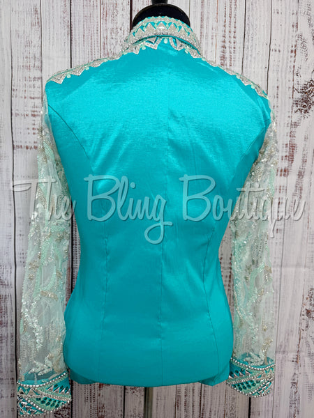 Teal & Grey Day Shirt Set With Beaded Lace Sleeves (XL)