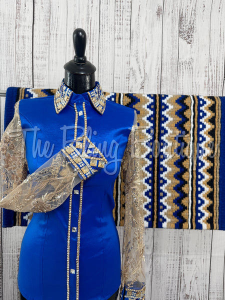 Royal Blue & Tan Day Shirt Set With Beaded Lace Sleeves (S)
