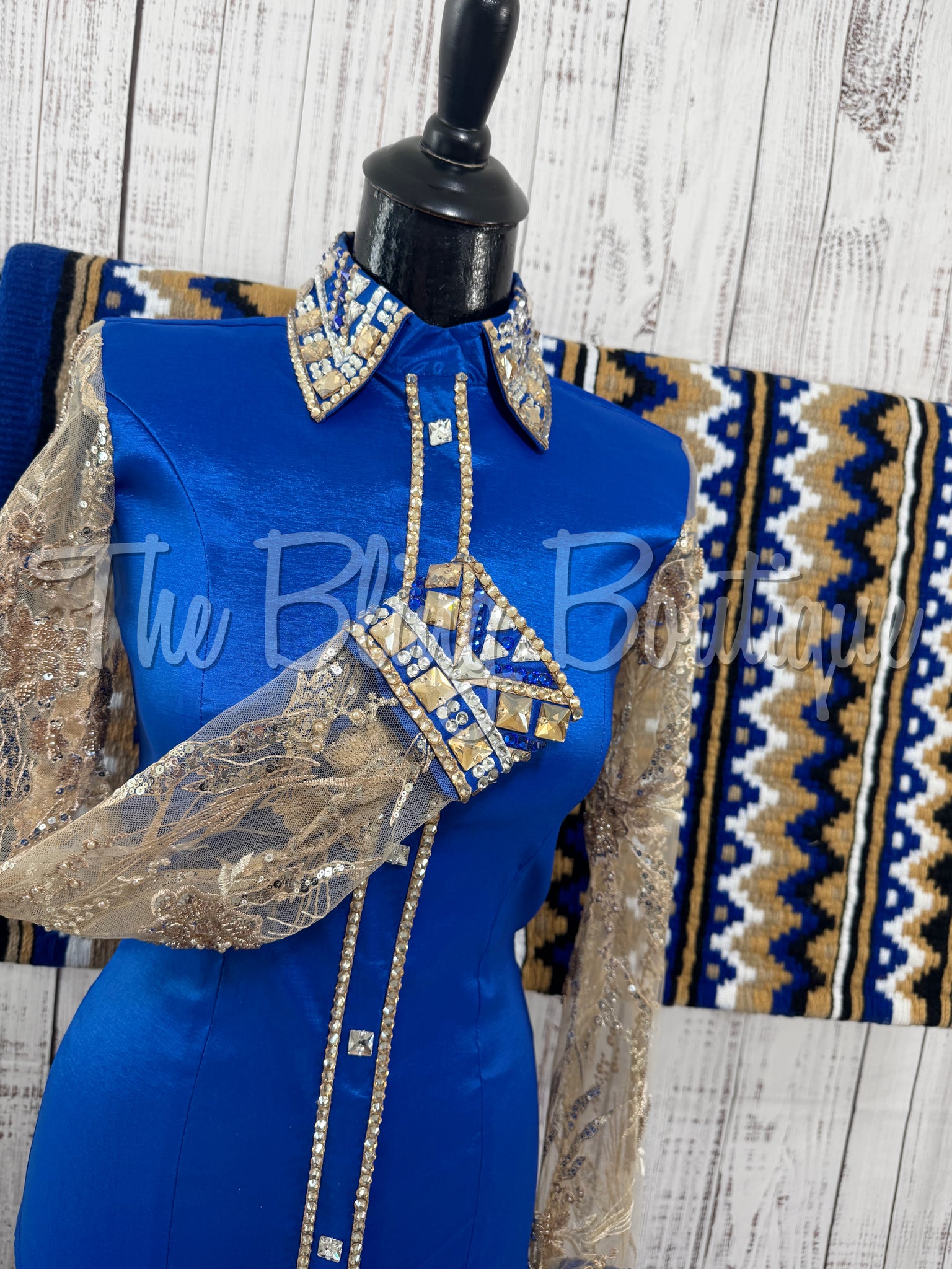 Royal Blue & Tan Day Shirt Set With Beaded Lace Sleeves (S)
